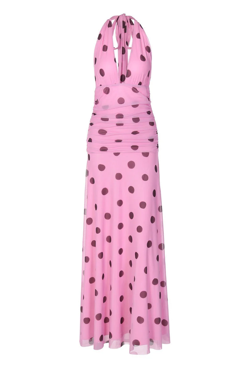 Pink Polka Dot Halter Long Dress