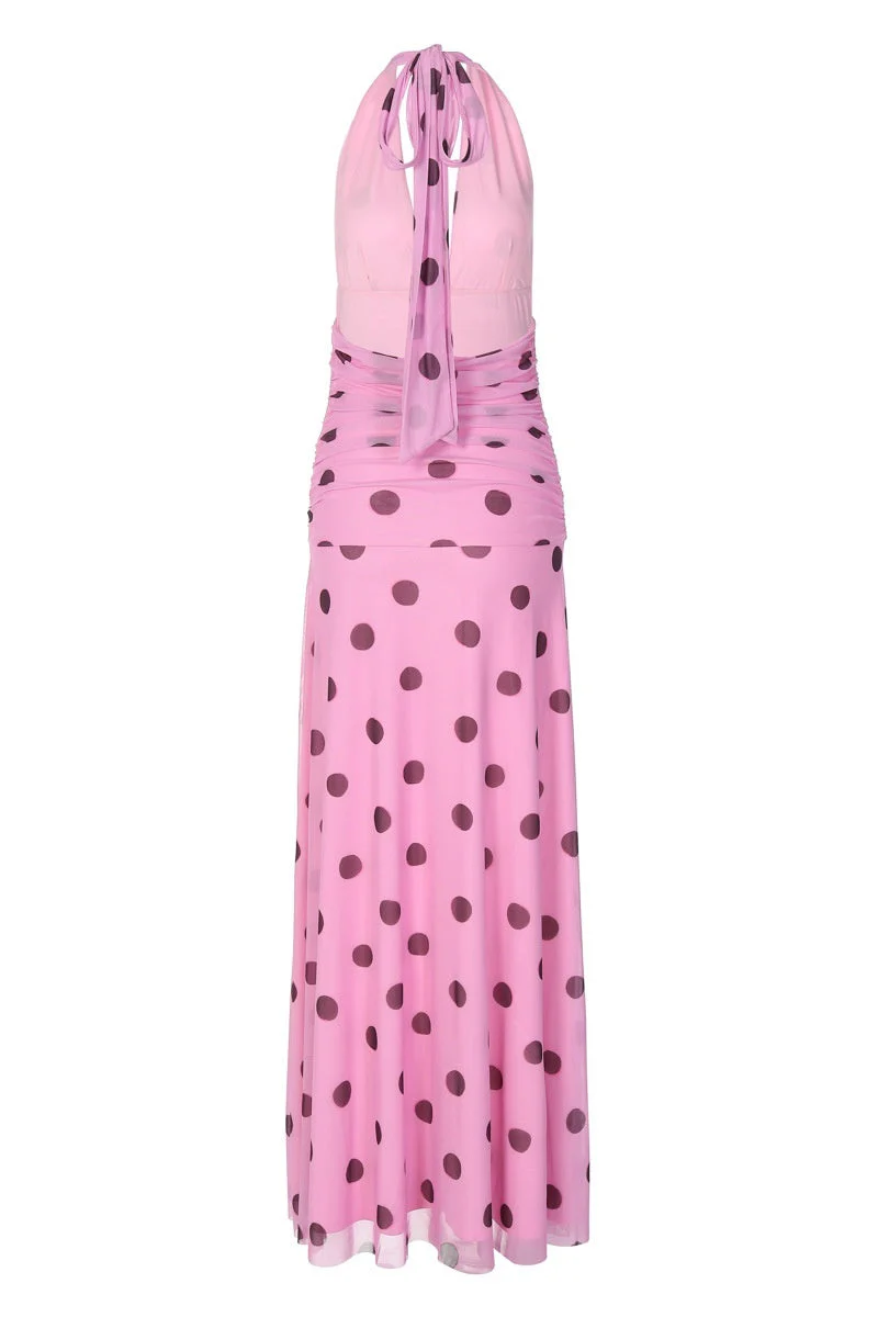 Pink Polka Dot Halter Long Dress - Image 2