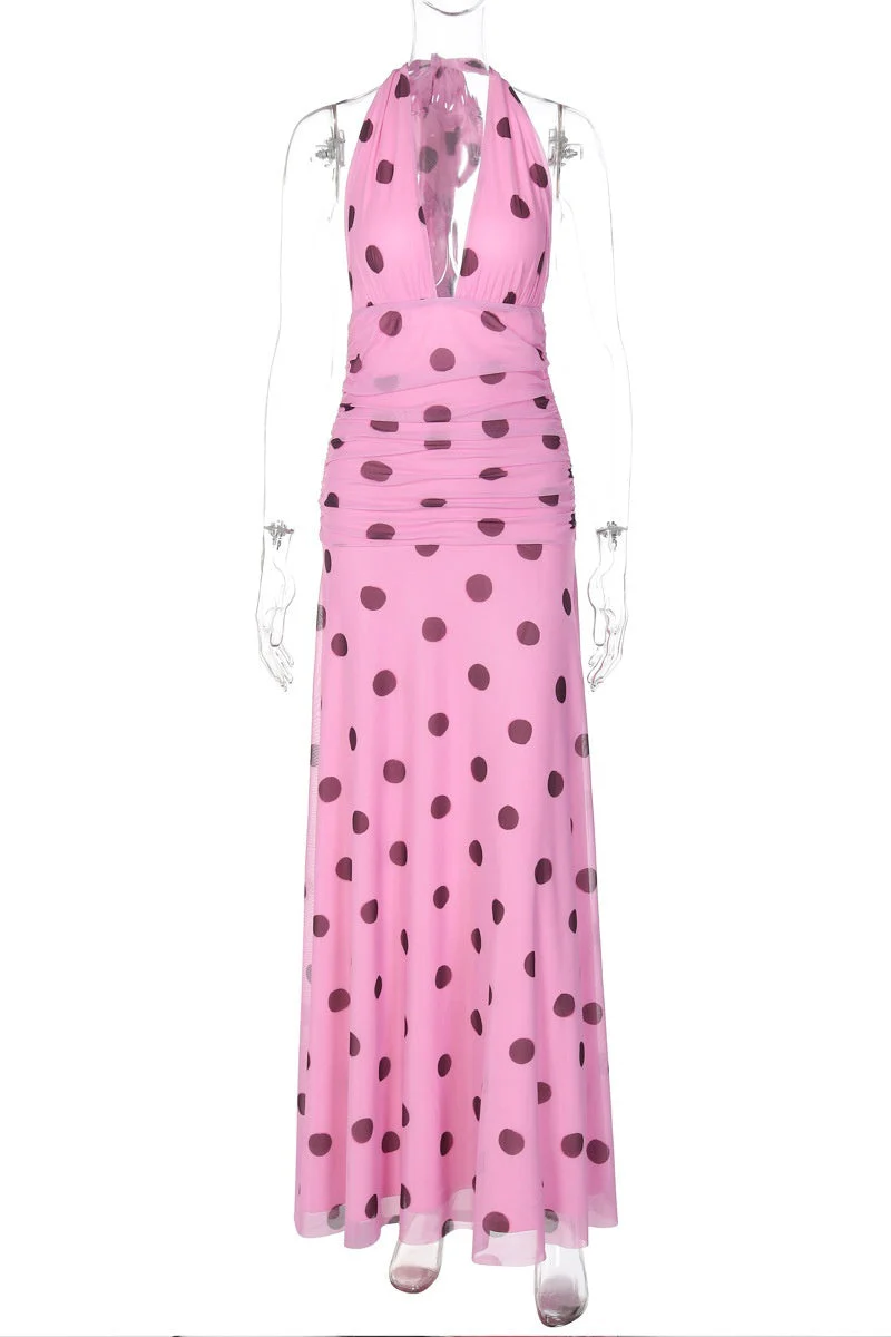 Pink Polka Dot Halter Long Dress - Image 4
