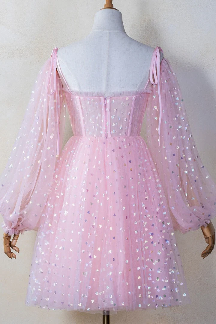 Pink Coset Short Dress with Puffy Sleeves - Image 3