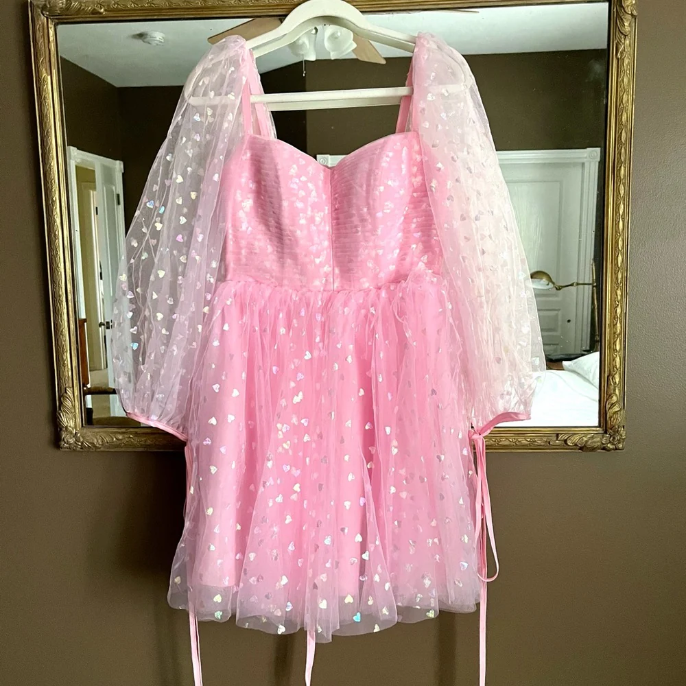 Pink Coset Short Dress with Puffy Sleeves - Image 8
