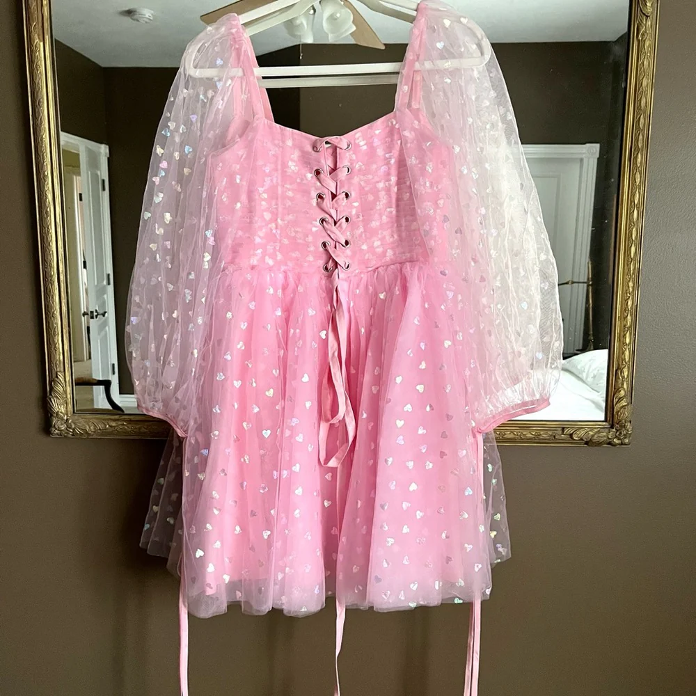 Pink Coset Short Dress with Puffy Sleeves - Image 9