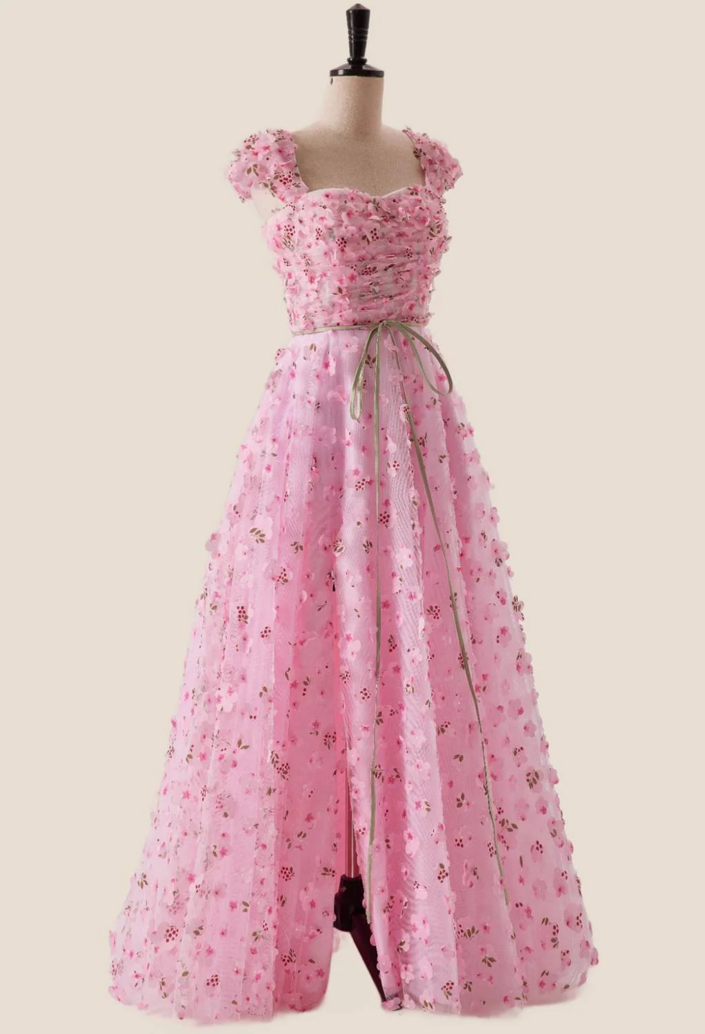 Pink Floral Cap Sleeves Long Formal Dress - Image 3