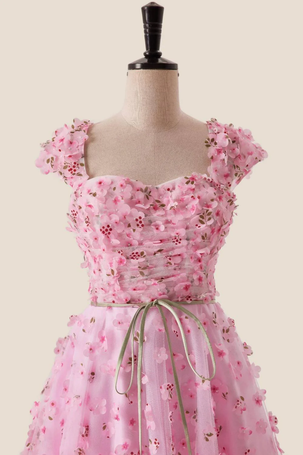 Pink Floral Cap Sleeves Long Formal Dress - Image 4