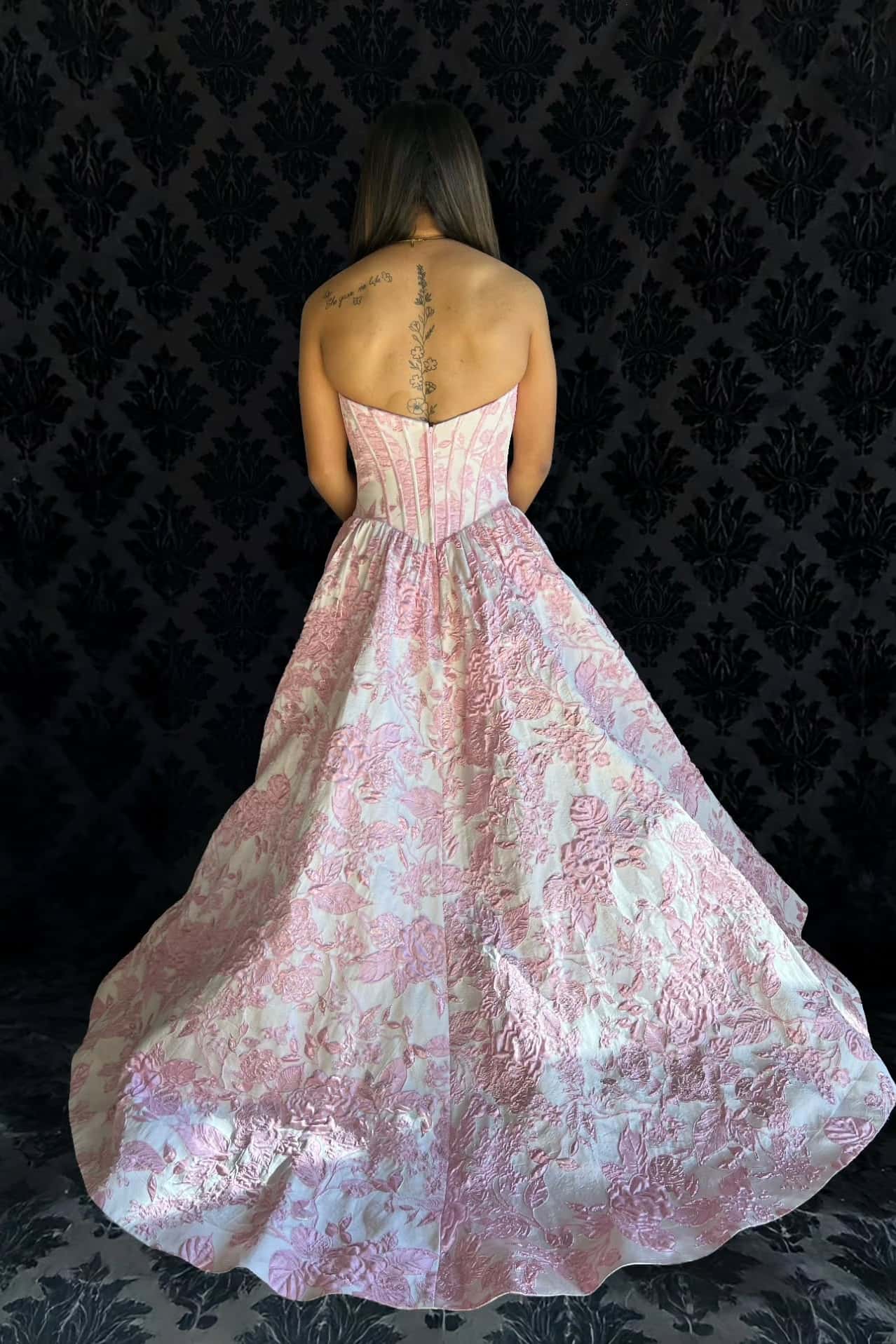 Pink Floral Jacquard A-line Prom Gown - Image 3