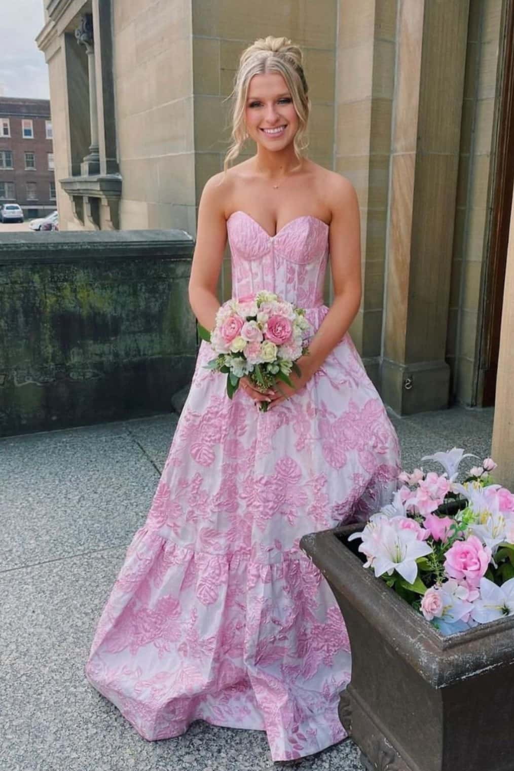 Purple Floral Jacquard Sweetheart A-line Dress - Image 4
