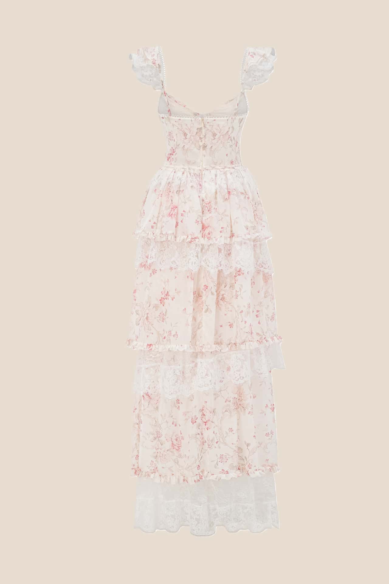 Pink Floral Lace Ruffle Straps Tiered Dress - Image 4