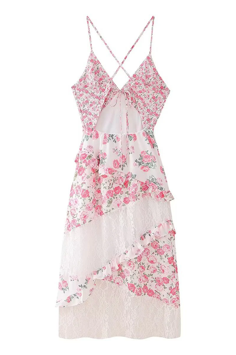 Pink Floral Print Ruffles Long Summer Dress - Image 2