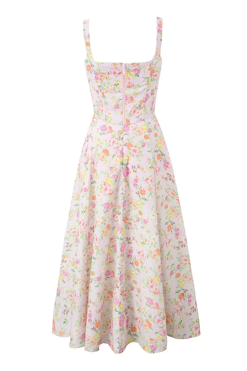 Pink Floral Print Long Dress with Boning - Image 2
