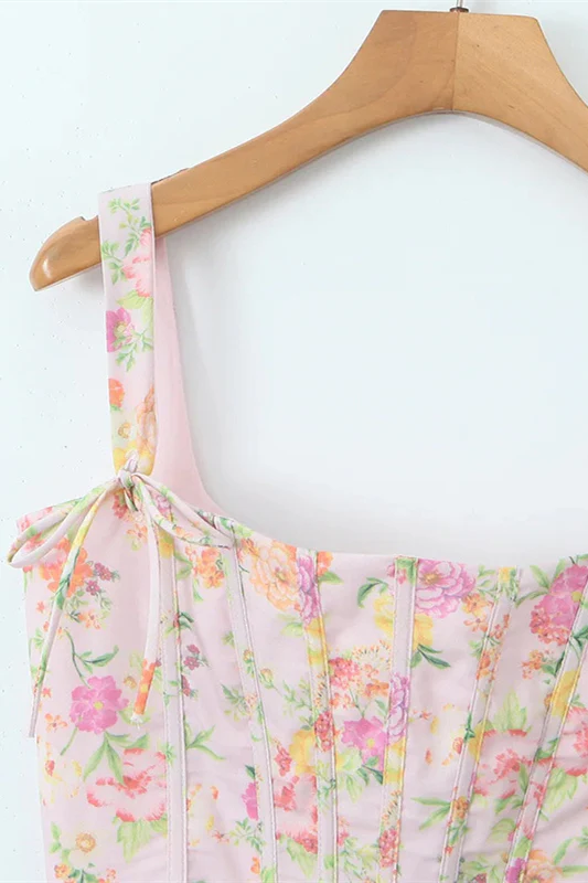 Pink Floral Print Long Dress with Boning - Image 5
