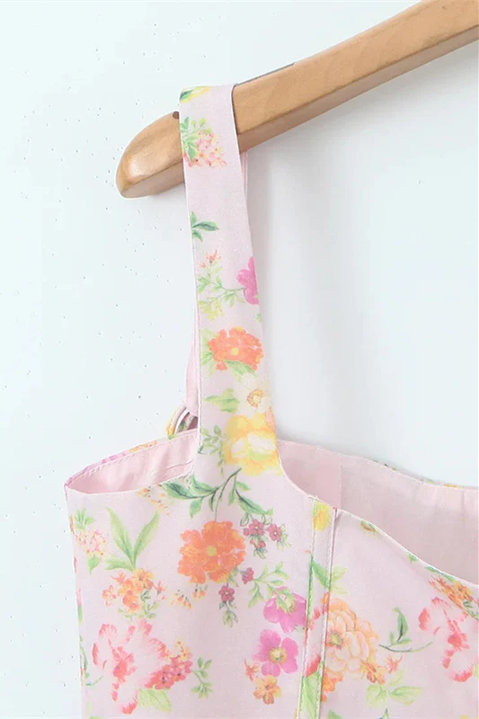 Pink Floral Print Long Dress with Boning - Image 6