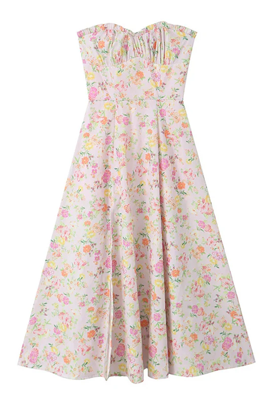 Pink Floral Print Long Dress with Boning - Image 7
