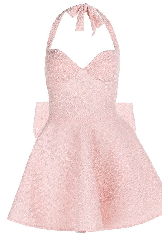 Halter Pink A-line Short Dress with Bow