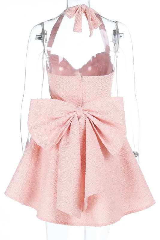 Halter Pink A-line Short Dress with Bow - Image 2