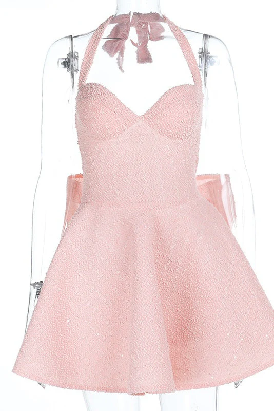 Halter Pink A-line Short Dress with Bow - Image 3