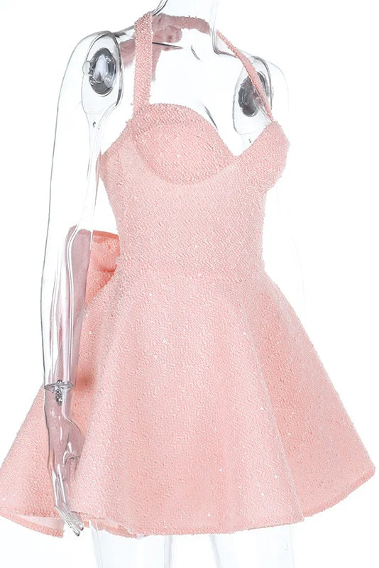 Halter Pink A-line Short Dress with Bow - Image 4