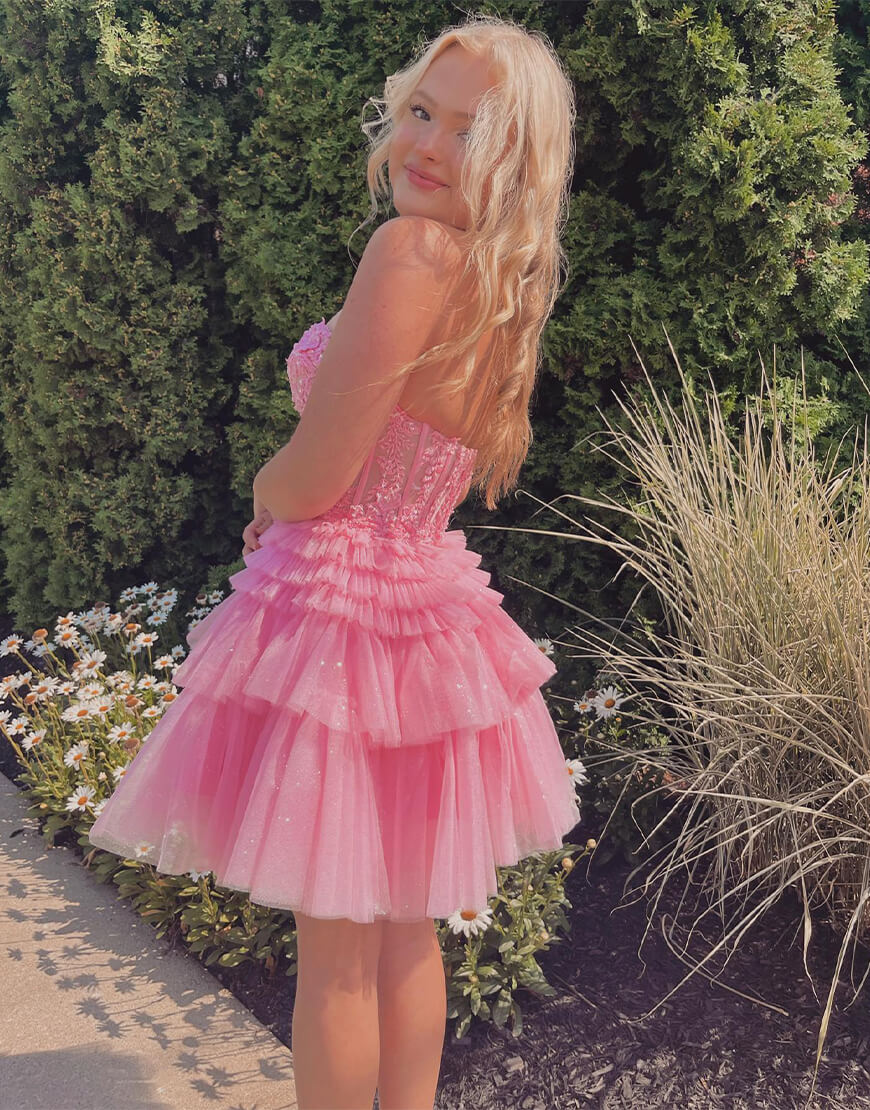 Pink Lace Appliques and Tulle Ruffles Short Dress - Image 2