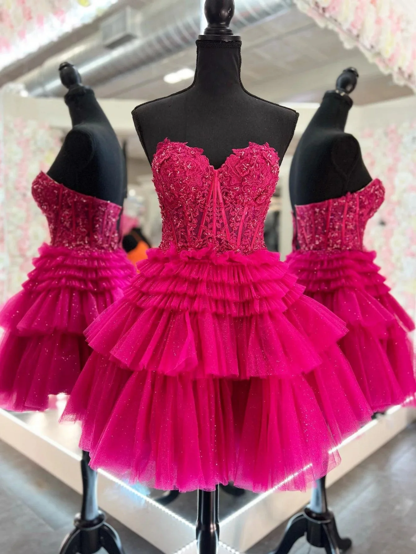 Pink Lace Appliques and Tulle Ruffles Short Dress - Image 4