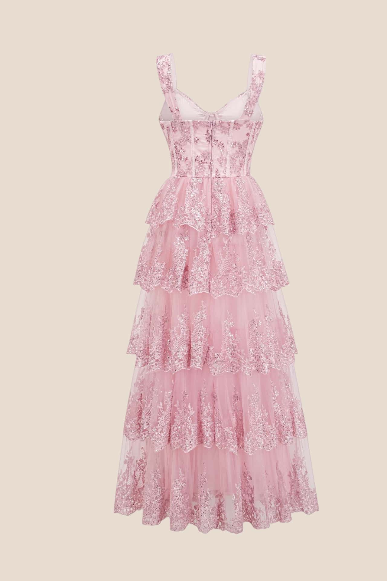 Pink Lace Appliques Ruffle A-line Formal Gown - Image 2