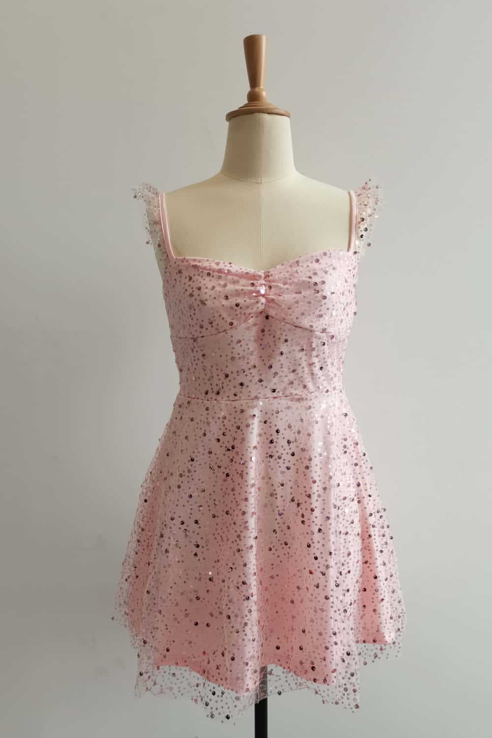 Pink Ruffle Straps Sequin Short Dress - Image 3