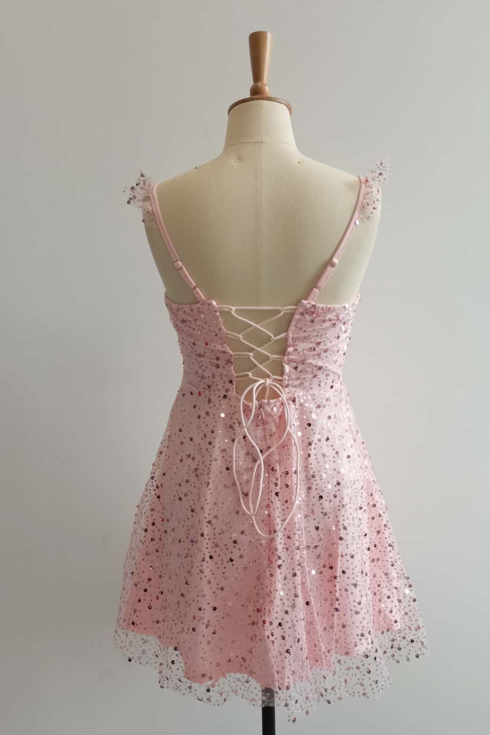 Pink Ruffle Straps Sequin Short Dress - Image 4