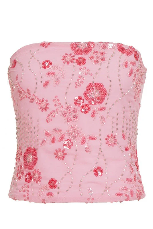Pink Sequin Strapless Crop Top