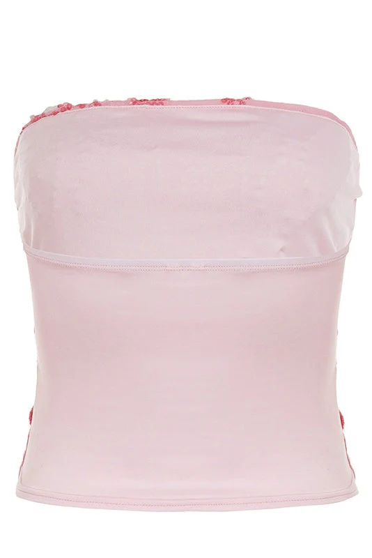 Pink Sequin Strapless Crop Top - Image 2