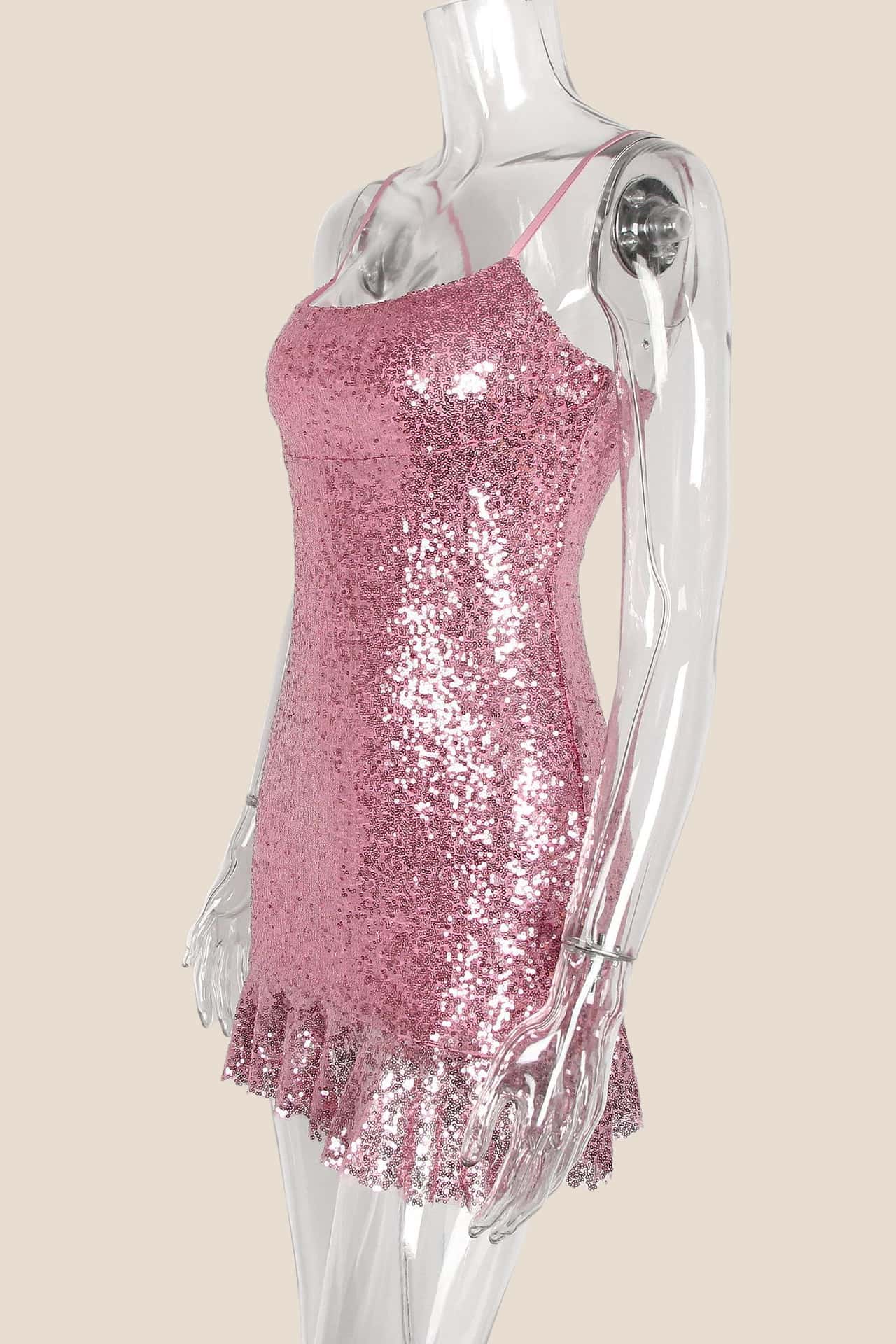 Pink Sequin Ruffle Hem Short Dress - Image 2