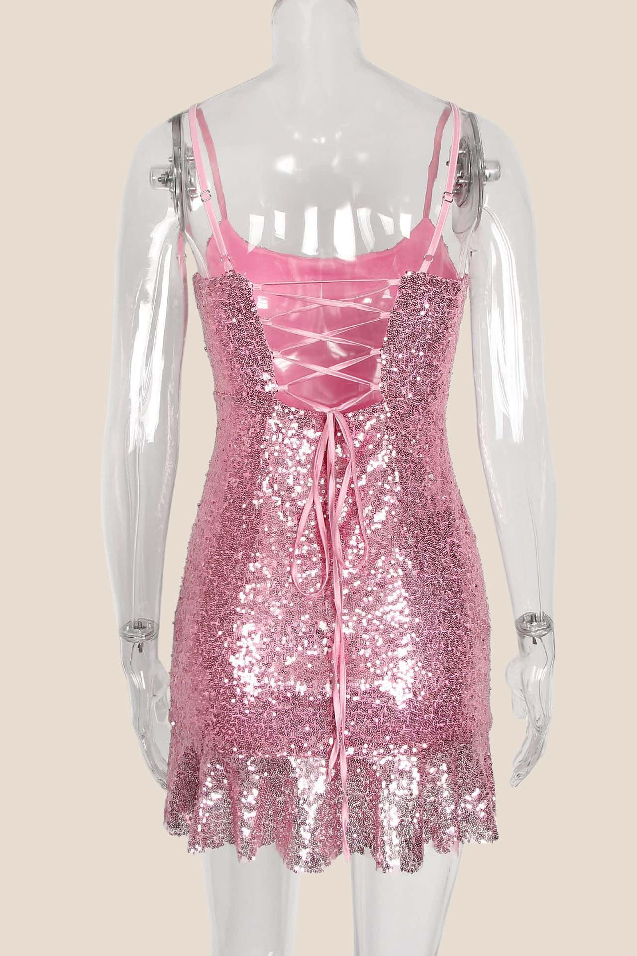 Pink Sequin Ruffle Hem Short Dress - Image 3