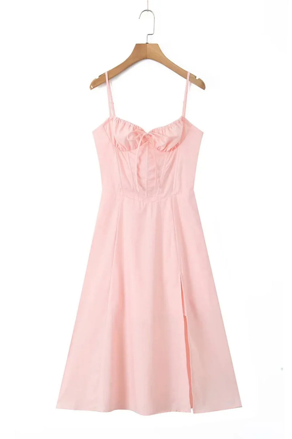 Pink Spaghetti Strap Bow Long Summer Dress with Slit - Image 3