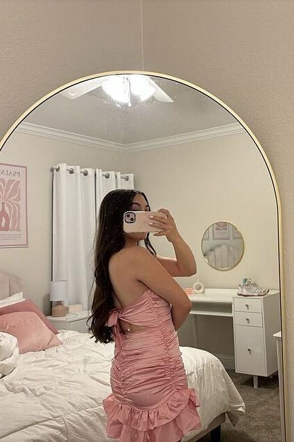 Pink Strapless Ruched Frill Satin Mini Dress - Image 3