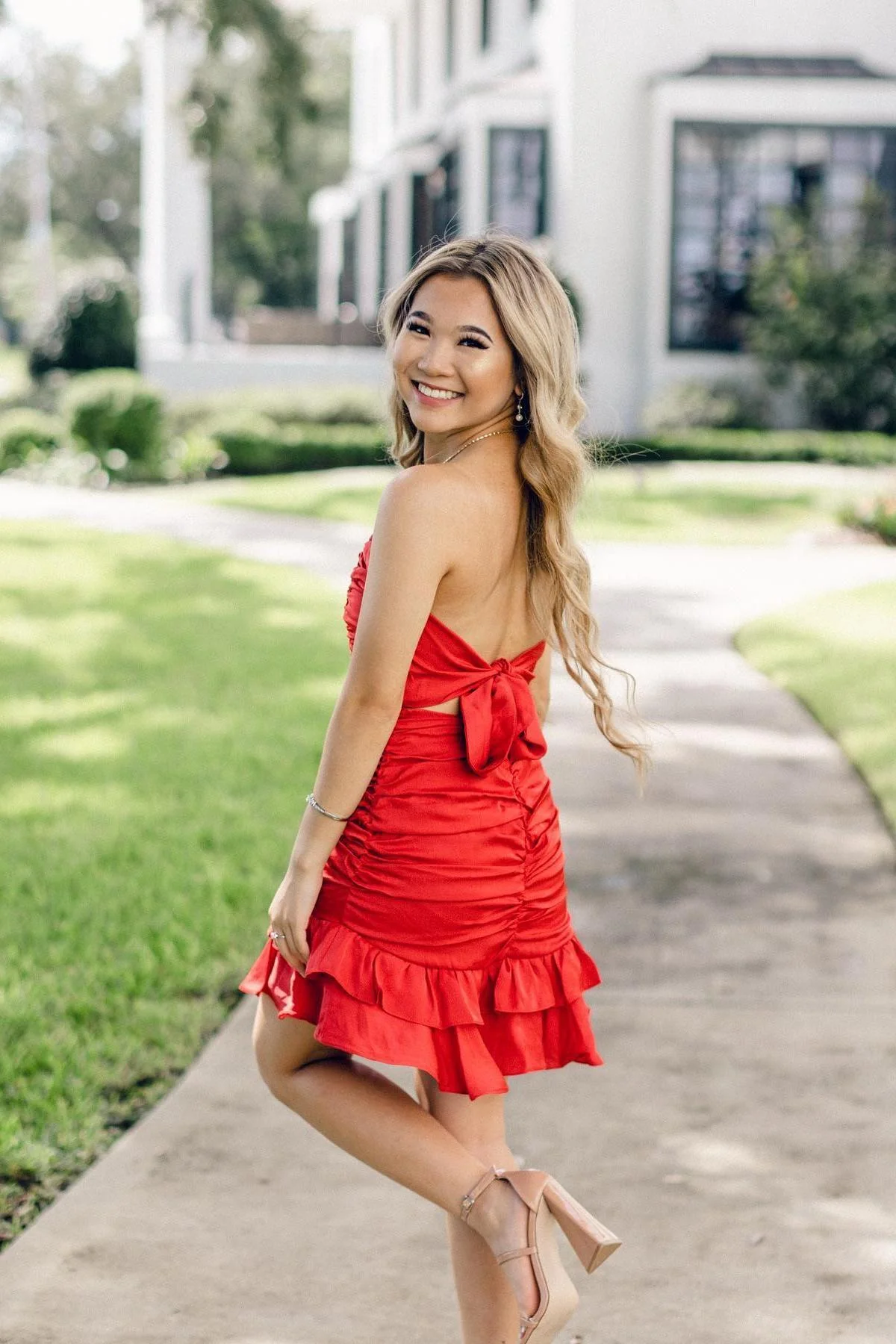 Pink Strapless Ruched Frill Satin Mini Dress - Image 8