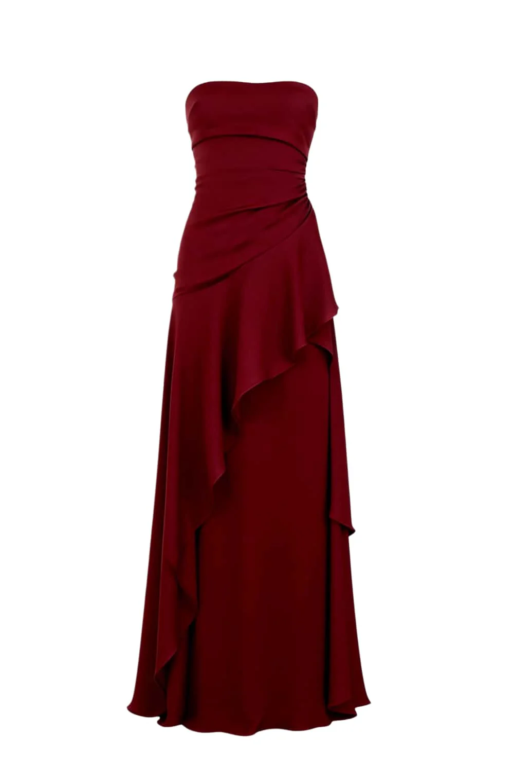 Red Strapless Ruched Slit Dress - Image 11