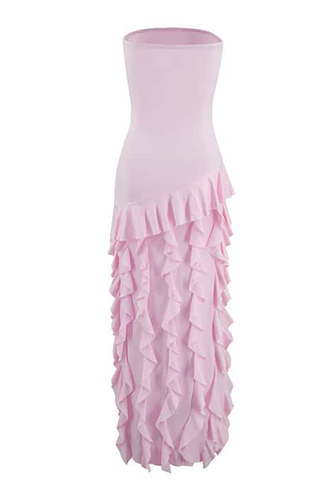 Pink Strapless Ruffle Slit Long Dress - Image 3