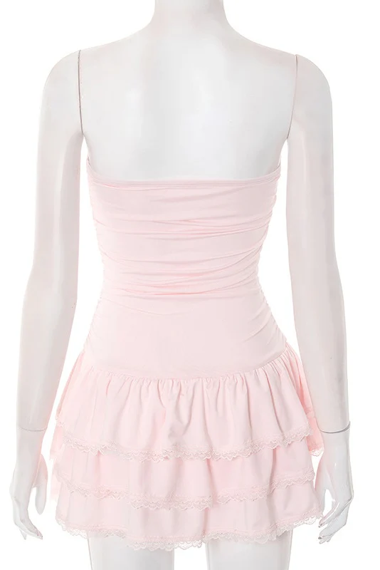 Pink Strapless Short Ruffle Dress - Image 2