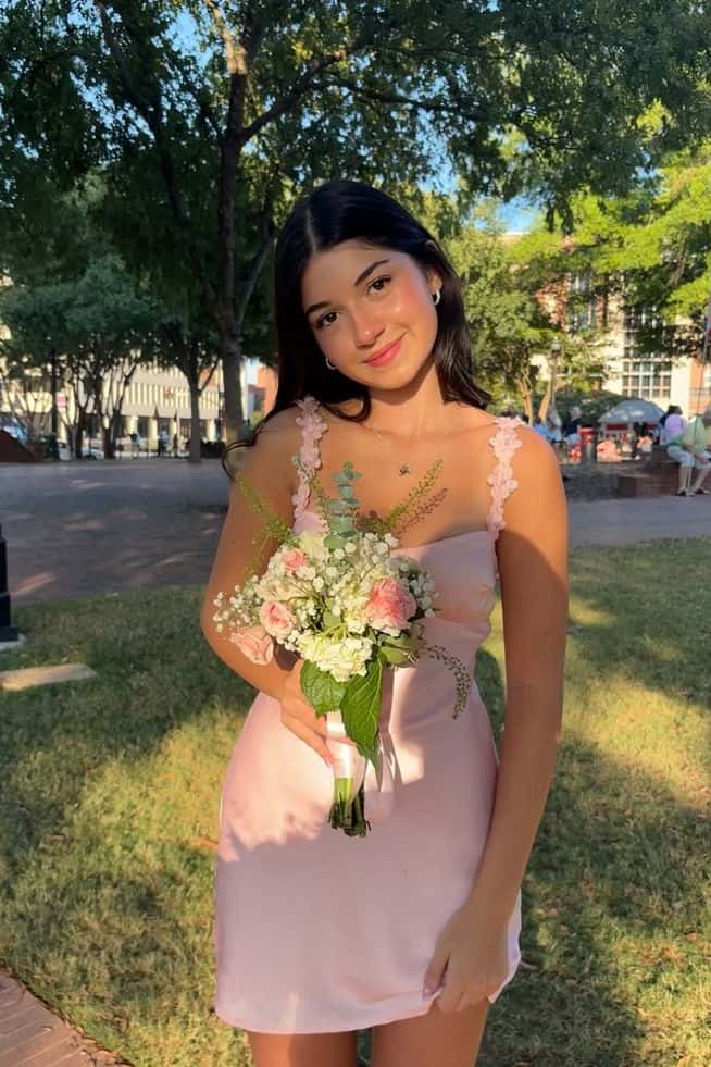 Pink Straps Satin Short Party Dress - Image 3