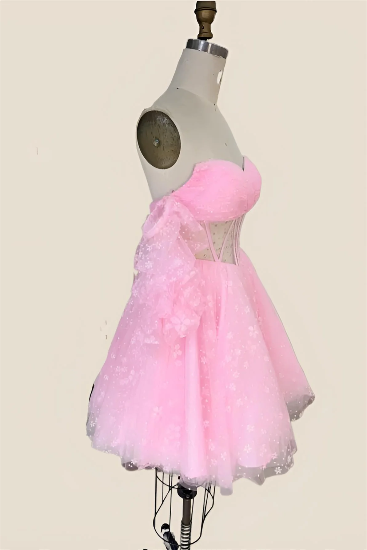 Pink Tulle Short Dress with Floral Print - Image 3