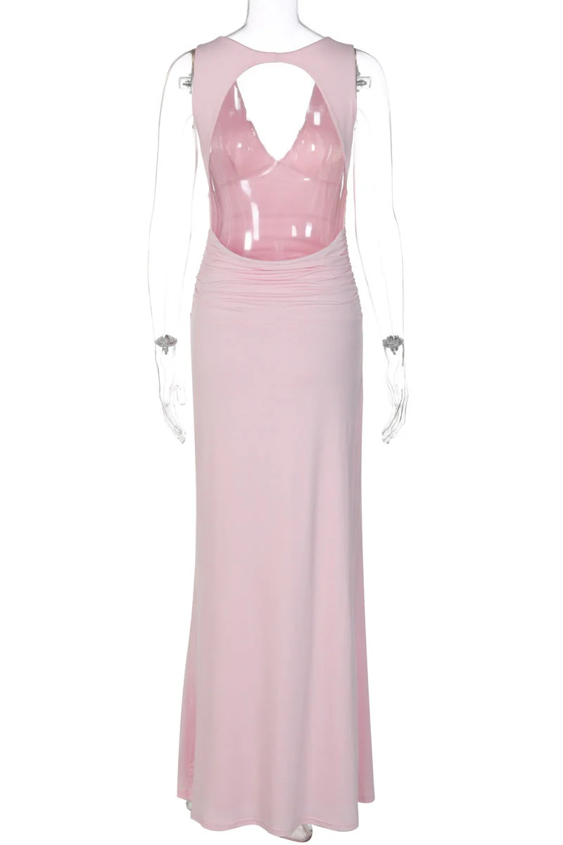 Backless Pink V neck Fitted Long Dress - Image 3