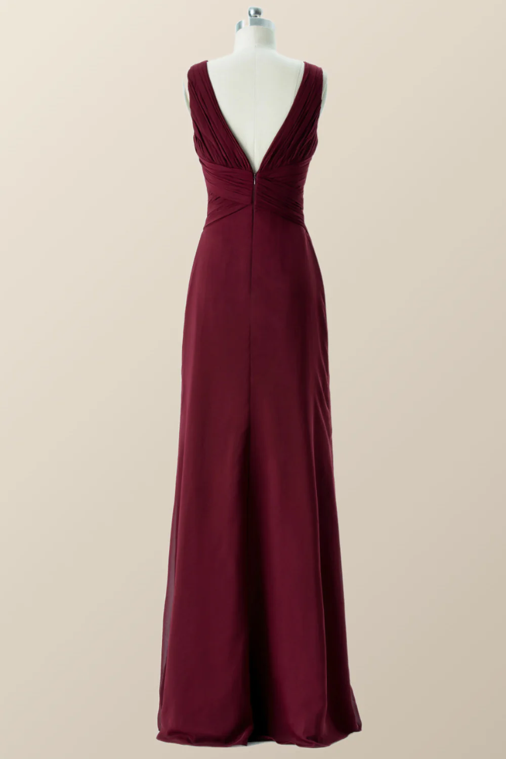 Pleated Burgundy Chiffon Long Bridesmaid Dress - Image 2