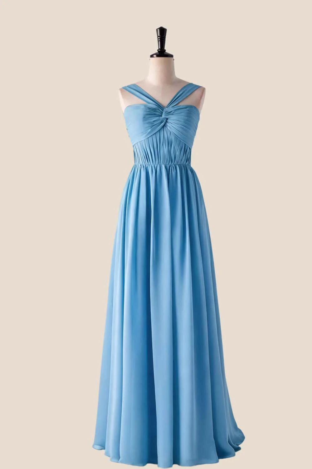 Pleated Halter Blue Chiffon Long Bridesmaid Dress