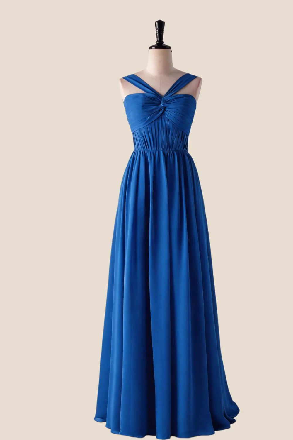 Pleated Halter Blue Chiffon Long Bridesmaid Dress - Image 6