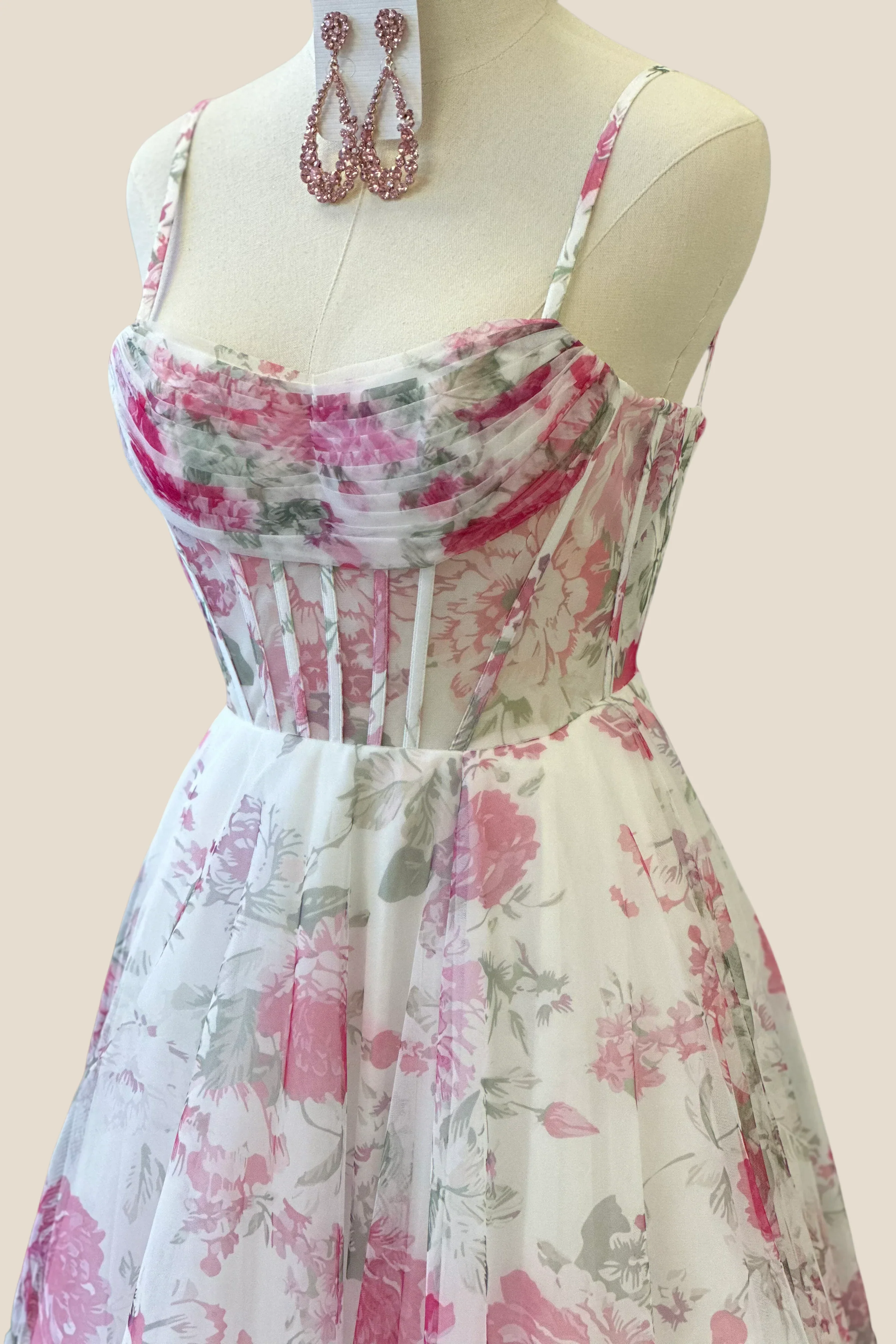 Pleated Neck Pink Floral Print A-line Long Dress - Image 2