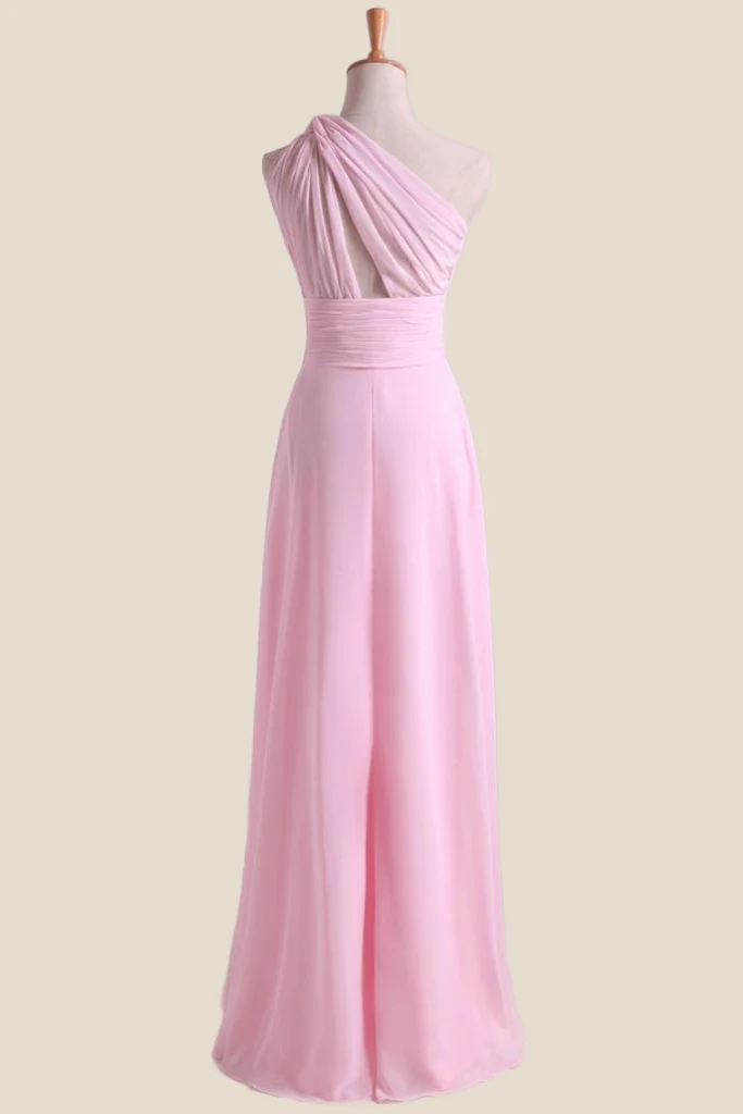 Pleated One Shoulder Pink Chiffon Long Bridesmaid Dress - Image 2