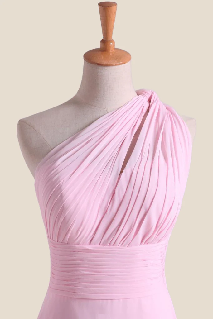 Pleated One Shoulder Pink Chiffon Long Bridesmaid Dress - Image 3