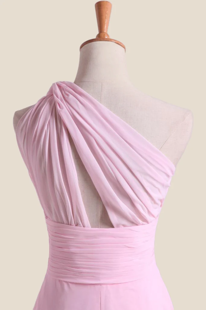 Pleated One Shoulder Pink Chiffon Long Bridesmaid Dress - Image 4