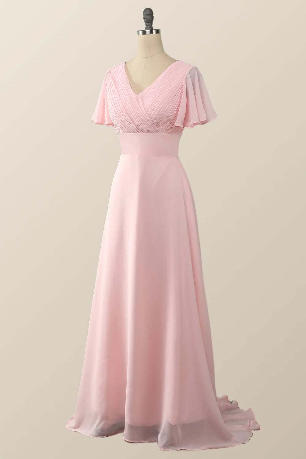 Pleated Pink Flare Sleeves Chiffon Long Bridesmaid Dress - Image 2