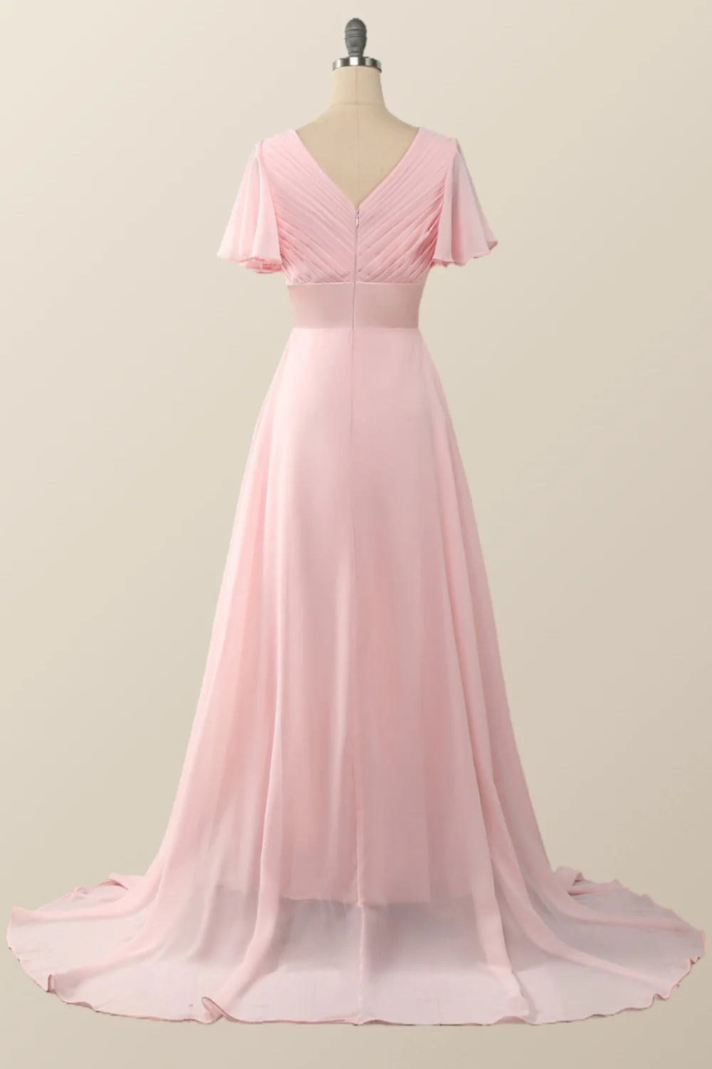 Pleated Pink Flare Sleeves Chiffon Long Bridesmaid Dress - Image 3