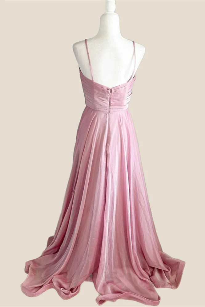 Pleated Pink V Neck Satin Long Party Dress - Image 2