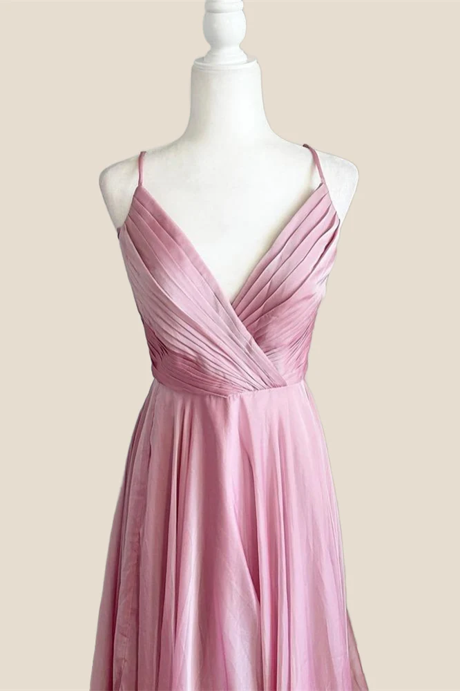 Pleated Pink V Neck Satin Long Party Dress - Image 3
