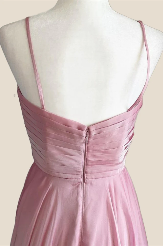 Pleated Pink V Neck Satin Long Party Dress - Image 4